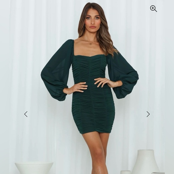 Hello Molly Luxury Love Dark Green Long Sleeve Ruched Dress Size Small - Picture 2 of 5